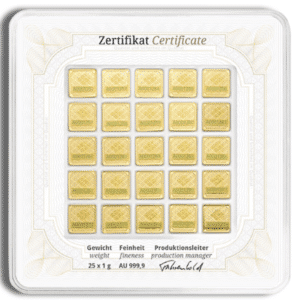 25 x 1 Gram Geiger Gold Bar Multicard In Assay reverse