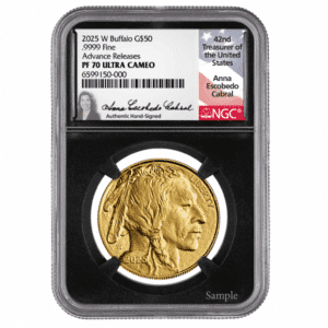 2025-W $50 Gold American Buffalo PF70 Advanced Release Cabral Signature